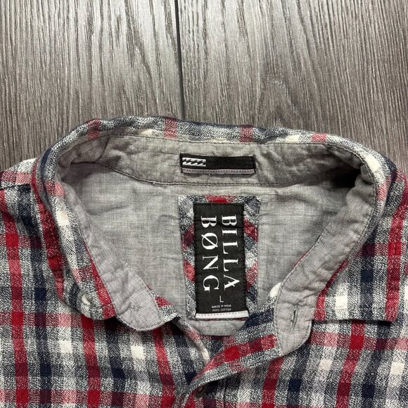Billabong Flannel Shirt Plaid Large Red Western Surf Elbow Patches - Picture 4 of 10
